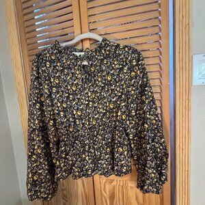 Skies Are Blue Floral Peplum Blouse XS Long Sleeve Ruffle Neck